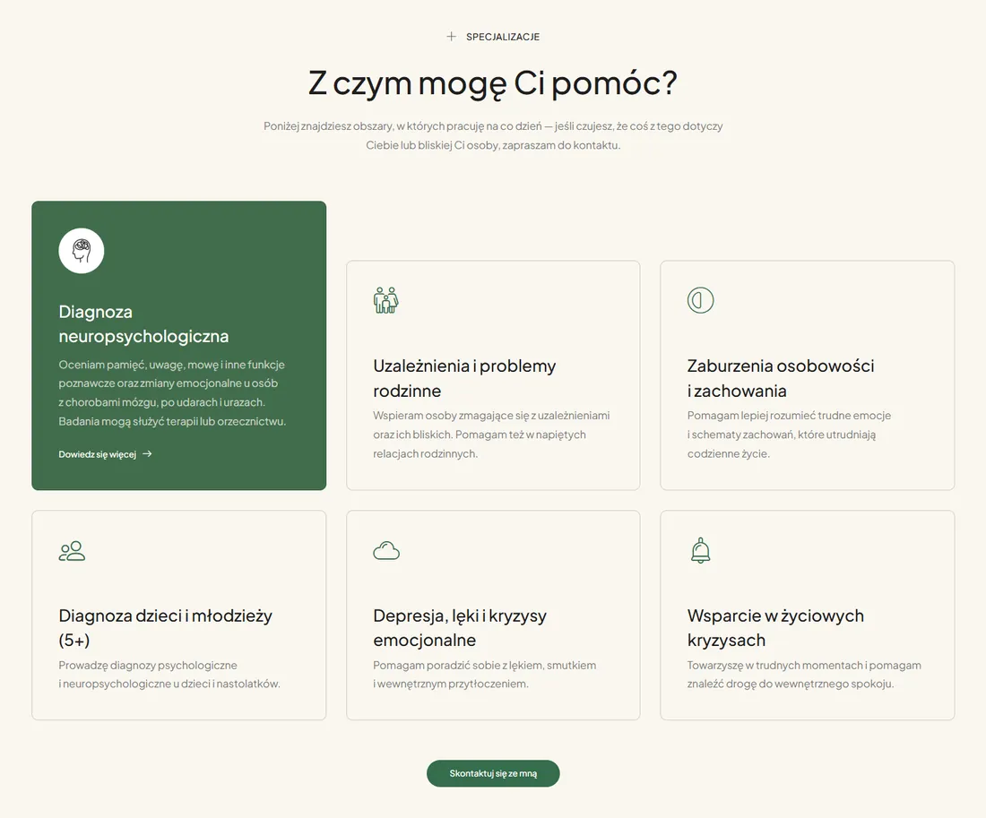Sekcja „Z czym mogę Ci pomóc?” z obszarami pracy psycholożki